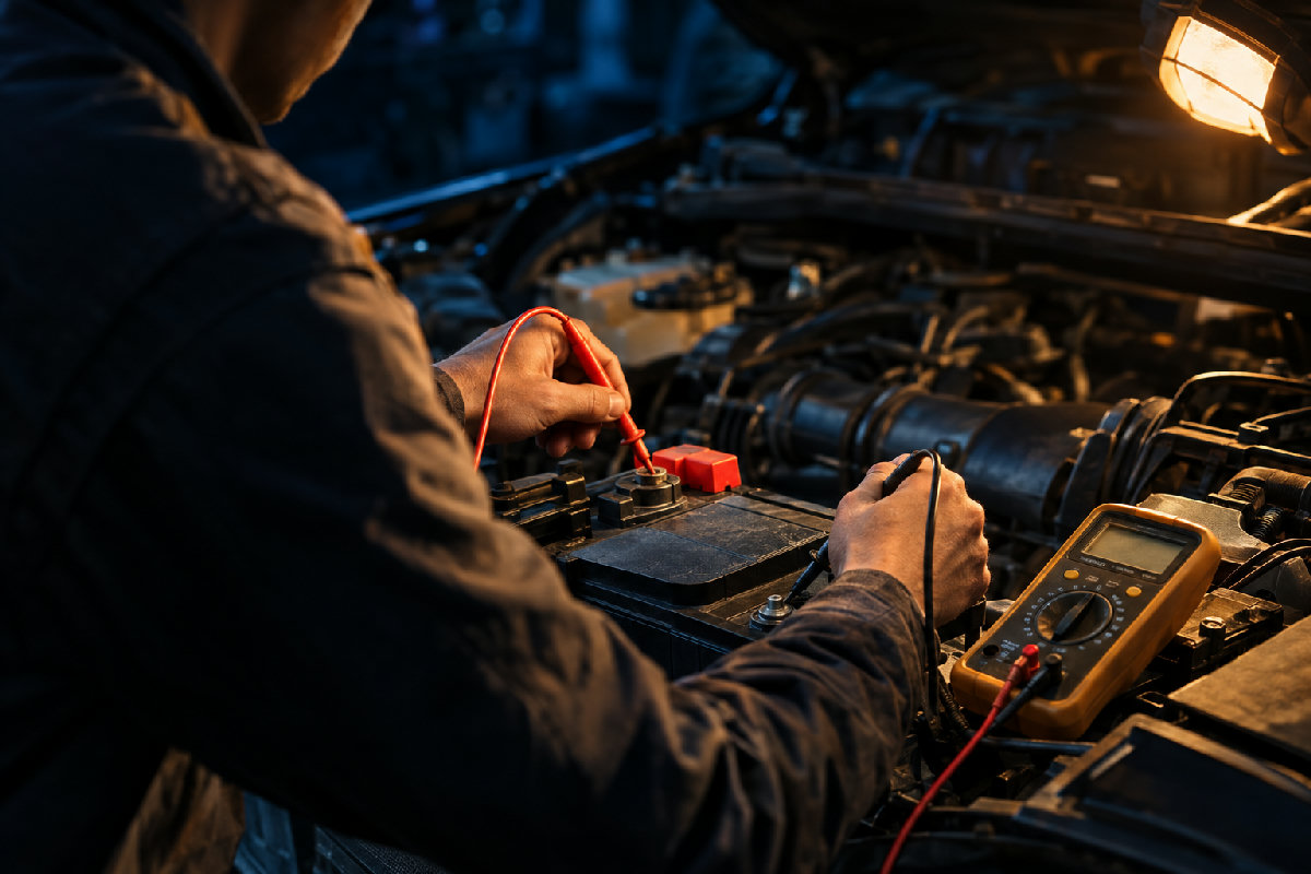 Mecanic auto măsoară tensiunea bateriei cu un multimetru, sub capotă, lumină caldă de atelier.