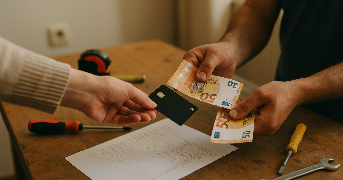 Mâini care plătesc un meseriaș într-un apartament, cu cardul și numerar lângă o factură pe bancul de lucru