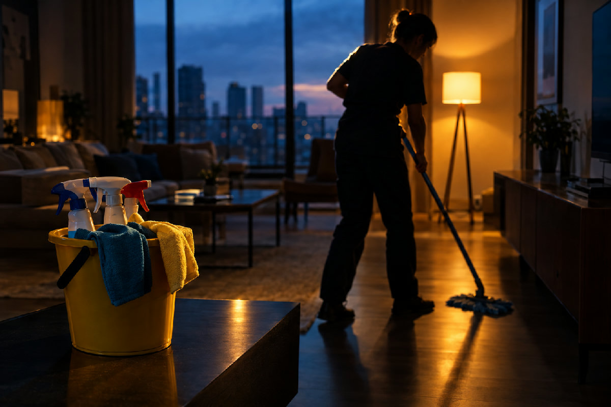 Persoană care spală podeaua într-un living modern, cu găleată și soluții de curățenie în prim-plan, lumină caldă dintr-o lampă.