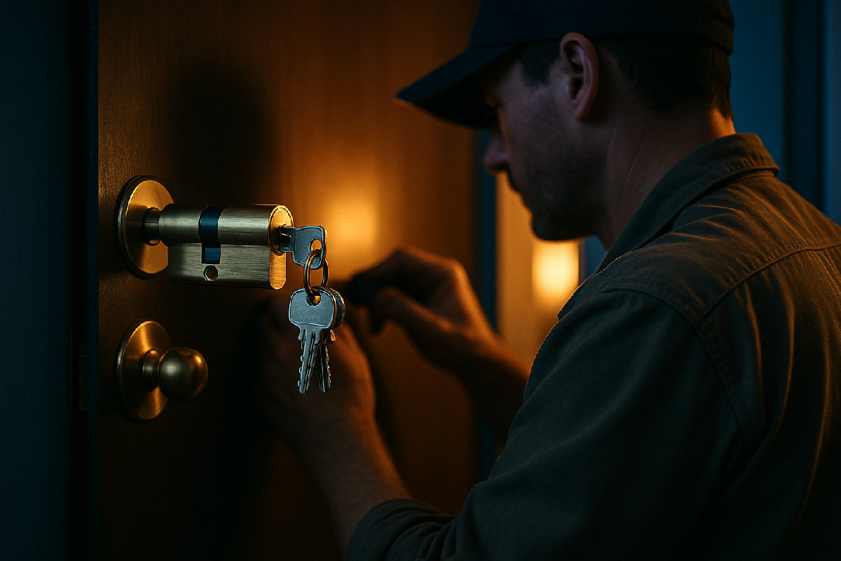 Scule de lăcătuș lângă o ușă de apartament, pregătite pentru deblocare