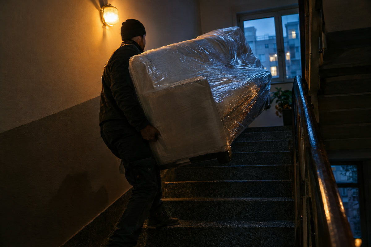 Mover profesionist cară o canapea învelită pe casa scării, lumină caldă și umbre adânci, într-un bloc de apartamente.