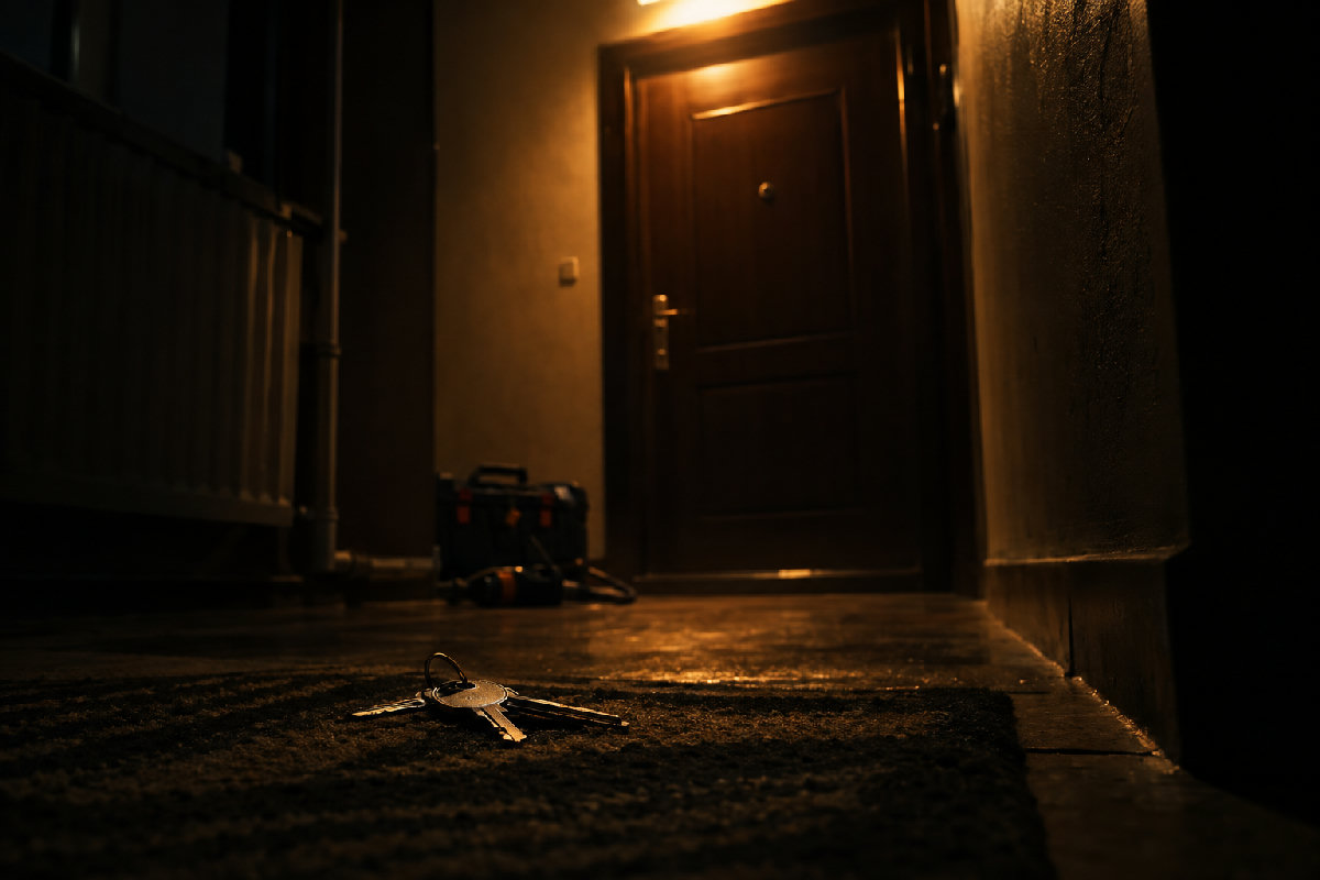 Lăcătuș la ușa unui apartament, montând hardware nou, lumină caldă, cadru strâns