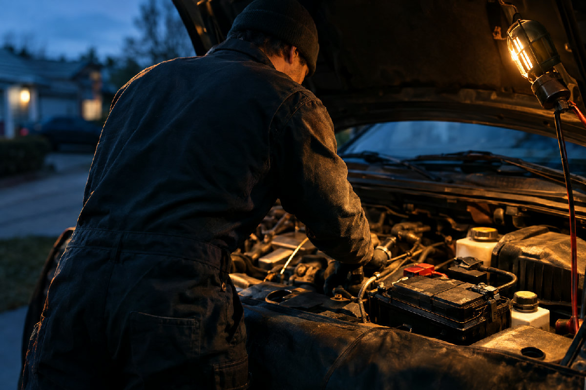 Mecanic auto lucrând în fața unei case, schimbând bateria mașinii, lumină caldă pe compartimentul motor