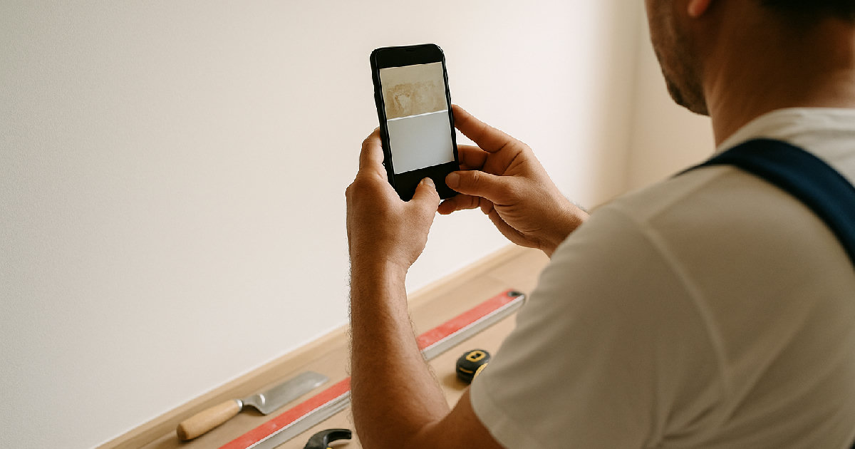 Meseriaș fotografiind cu telefonul un perete proaspăt renovat, cu sculele ordonate în fundal.